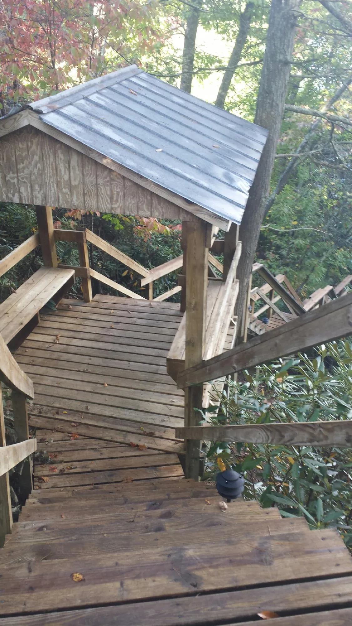Metal roofed shelter over wooden steps on a wooded walkway — Skylight Repair & Installation work by our crew in Prairie City